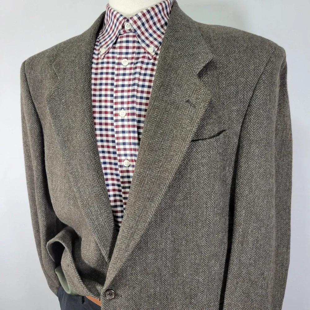 Bill Robinson Mens Tweed Sport Coat Blazer Two Button Brown herringbone Wool 44L